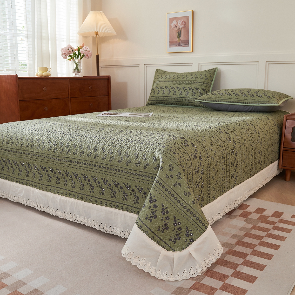 91家纺网 家纺一手货源 找家纺 （总）拾小柒 2025年新款全棉双层纱床盖花边法式中古奶油风防滑床盖三件套