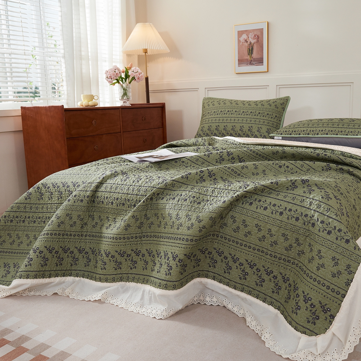 91家纺网 家纺一手货源 找家纺 （总）拾小柒 2025年新款全棉双层纱床盖花边法式中古奶油风防滑床盖三件套