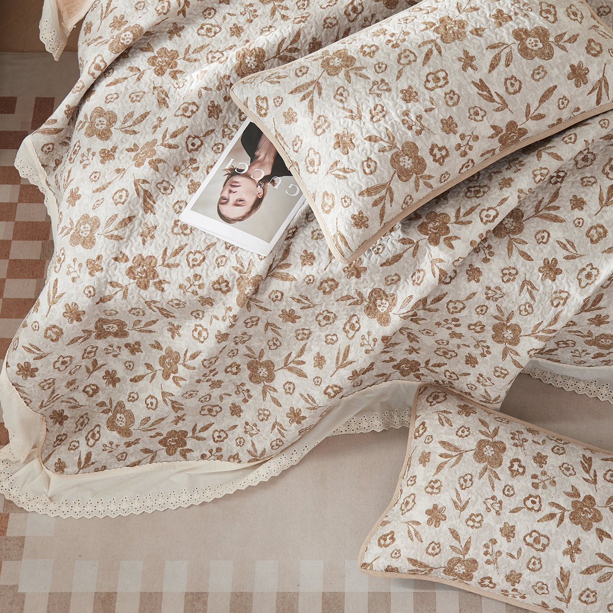 拾小柒 2025年新款全棉双层纱床盖花边法式中古奶油风防滑床盖三件套 忘忧草咖