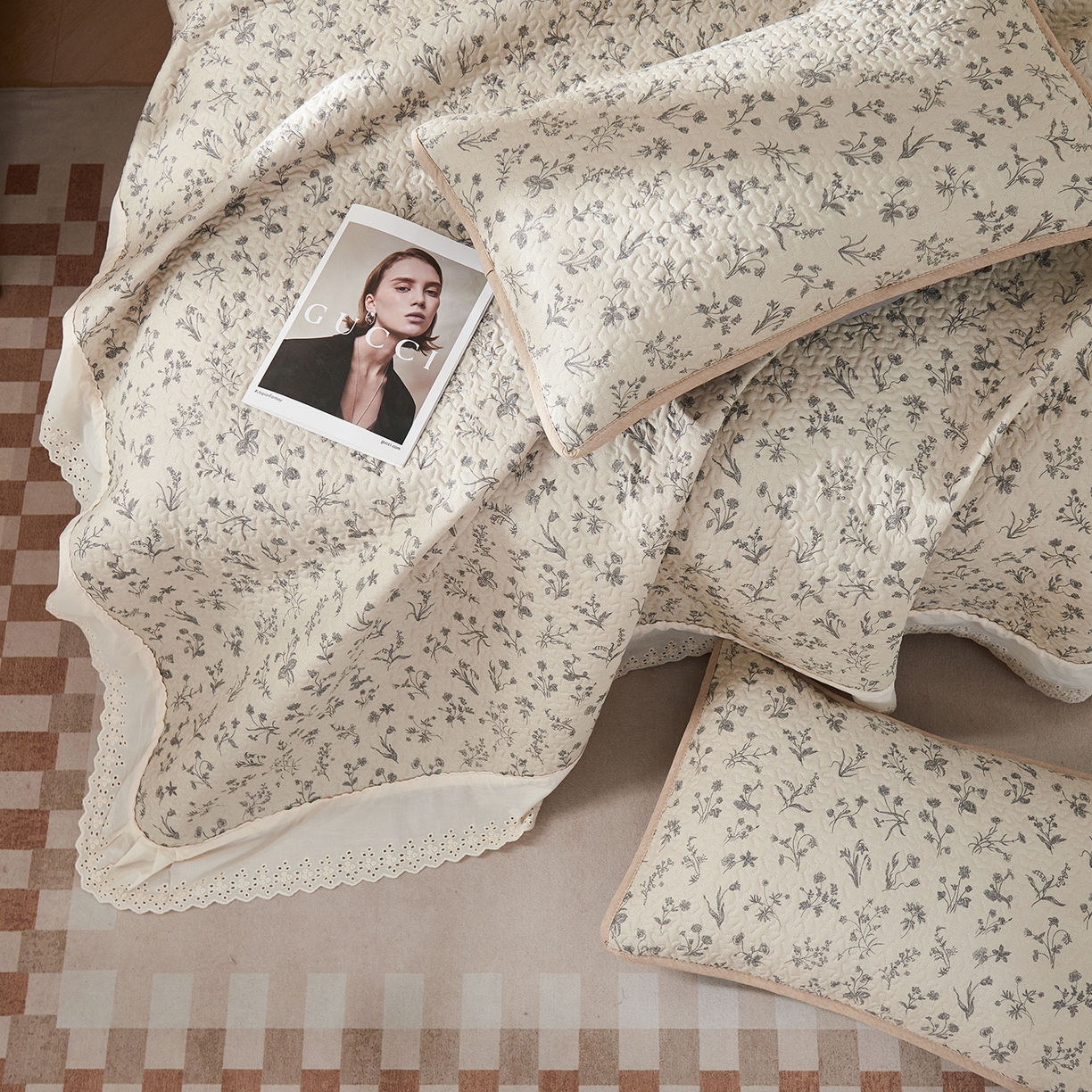 拾小柒 2025年新款全棉双层纱床盖花边法式中古奶油风防滑床盖三件套 山野小咖
