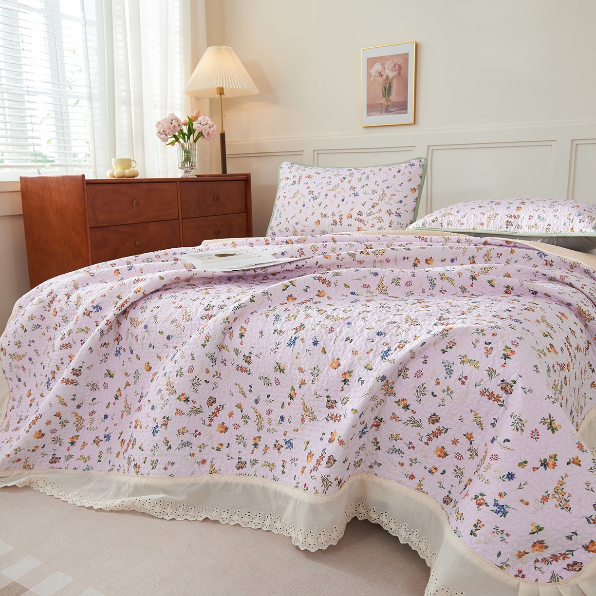 91家纺网 家纺一手货源 找家纺 拾小柒 2025年新款全棉双层纱床盖花边法式中古奶油风防滑床盖三件套 春色满园