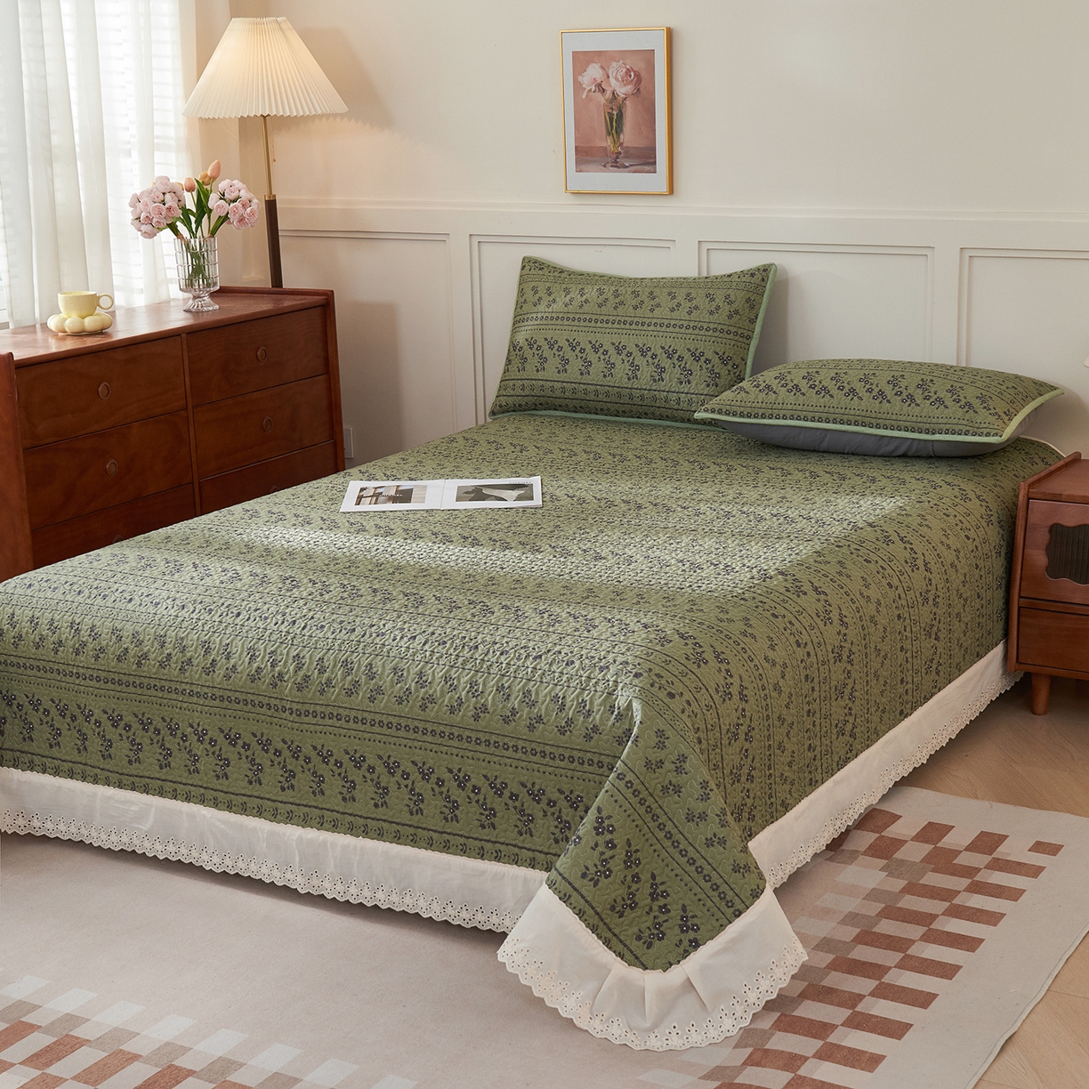 91家纺网 家纺一手货源 找家纺 拾小柒 2025年新款全棉双层纱床盖花边法式中古奶油风防滑床盖三件套 爱丽丝花园