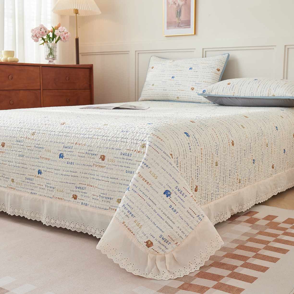 91家纺网 家纺一手货源 找家纺 拾小柒 2025年新款全棉双层纱床盖花边法式中古奶油风防滑床盖三件套 英文象蓝