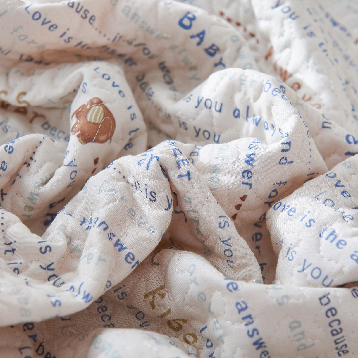 91家纺网 家纺一手货源 找家纺 拾小柒 2025年新款全棉双层纱床盖花边法式中古奶油风防滑床盖三件套 英文象蓝