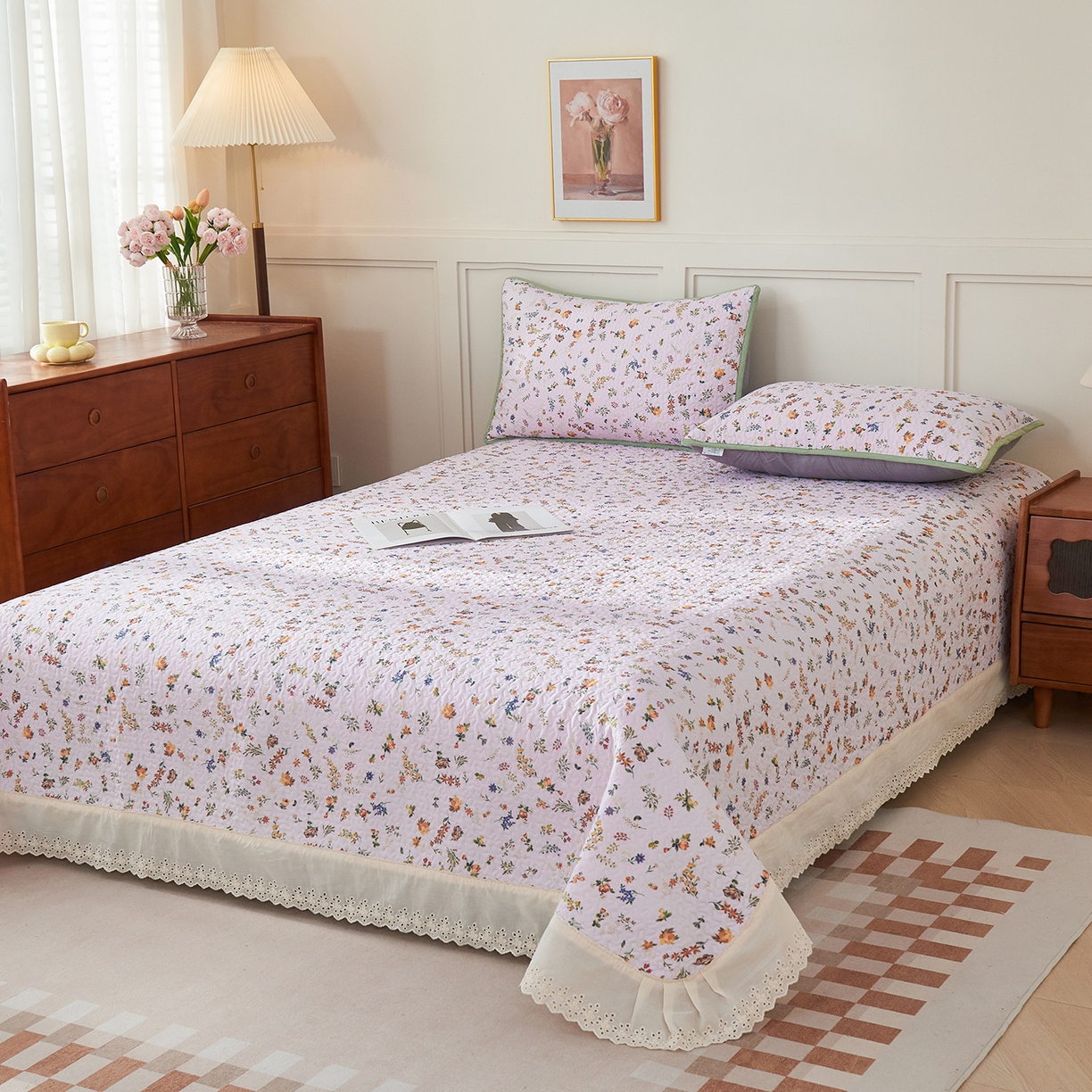 91家纺网 家纺一手货源 找家纺 拾小柒 2025年新款全棉双层纱床盖花边法式中古奶油风防滑床盖三件套 春色满园