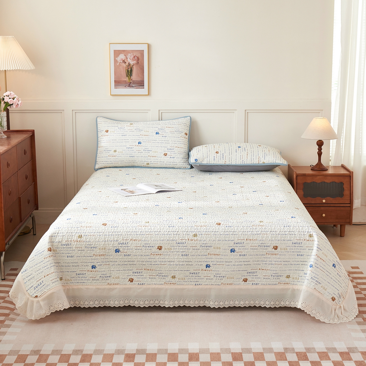 91家纺网 家纺一手货源 找家纺 拾小柒 2025年新款全棉双层纱床盖花边法式中古奶油风防滑床盖三件套 英文象蓝