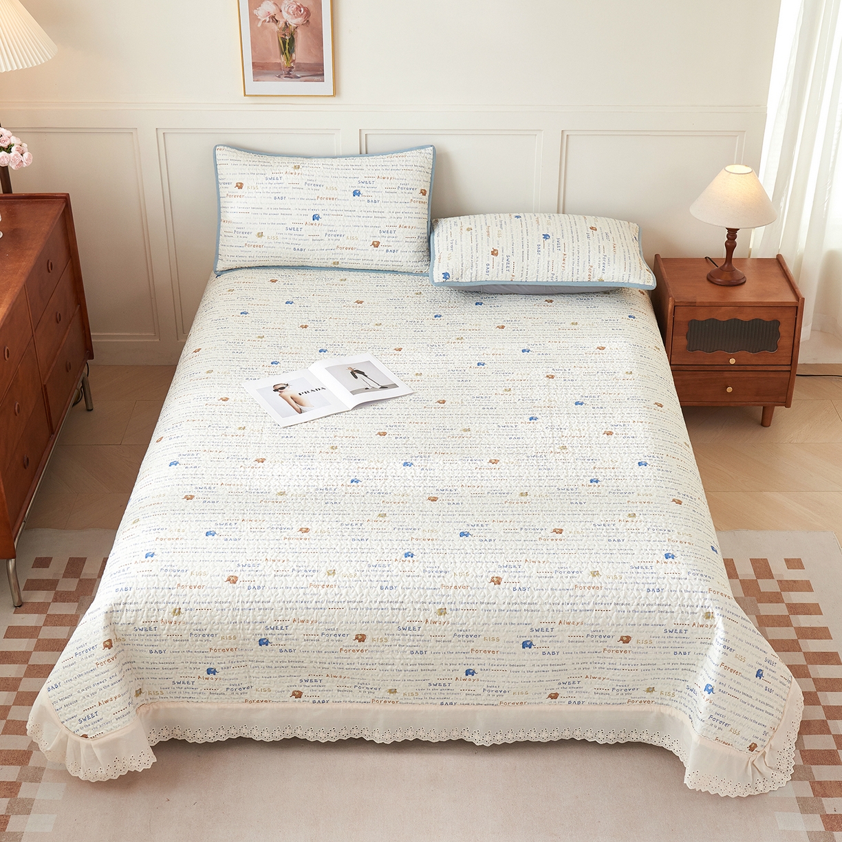 91家纺网 家纺一手货源 找家纺 拾小柒 2025年新款全棉双层纱床盖花边法式中古奶油风防滑床盖三件套 英文象蓝