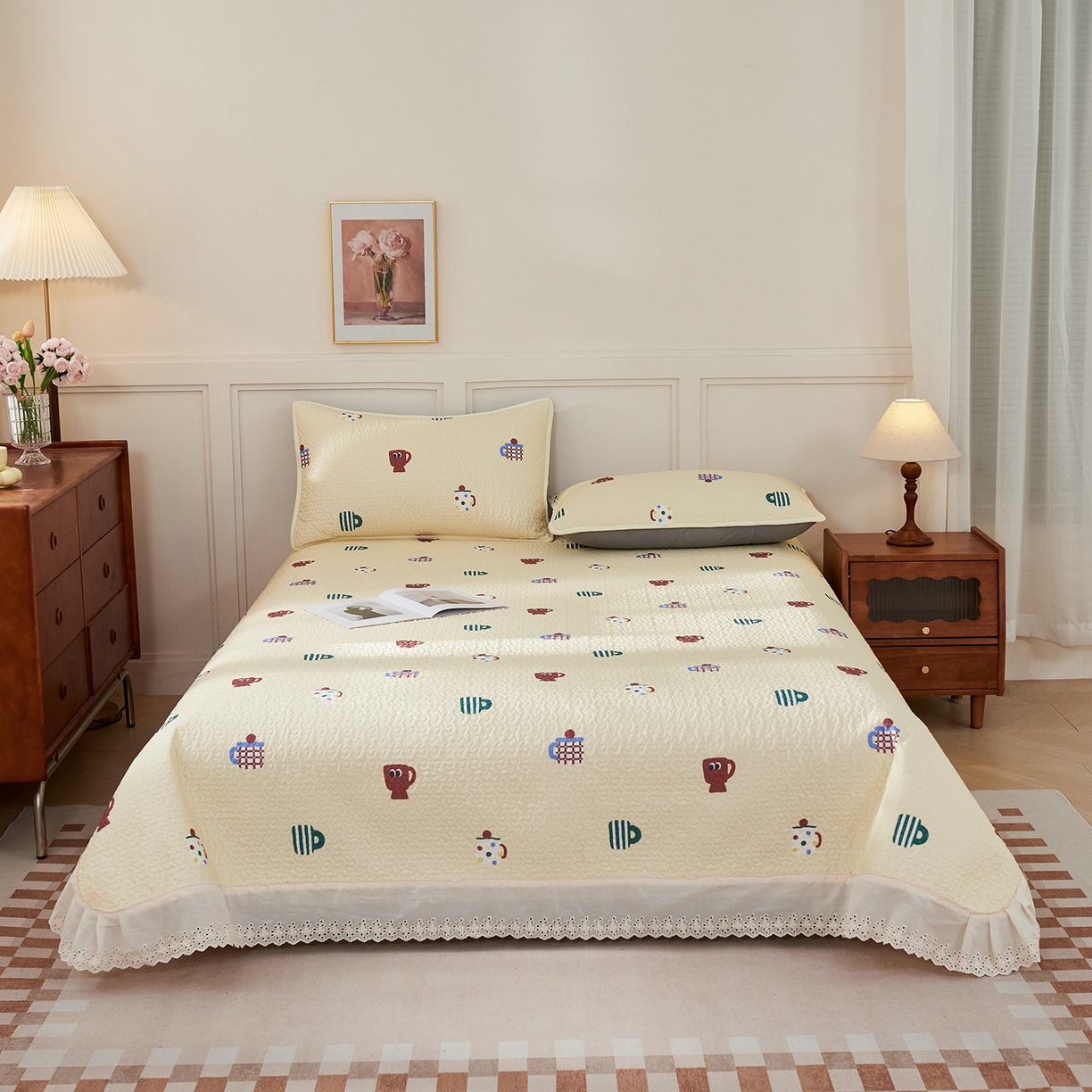 91家纺网 家纺一手货源 找家纺 拾小柒 2025年新款全棉双层纱床盖花边法式中古奶油风防滑床盖三件套 彩色杯黄