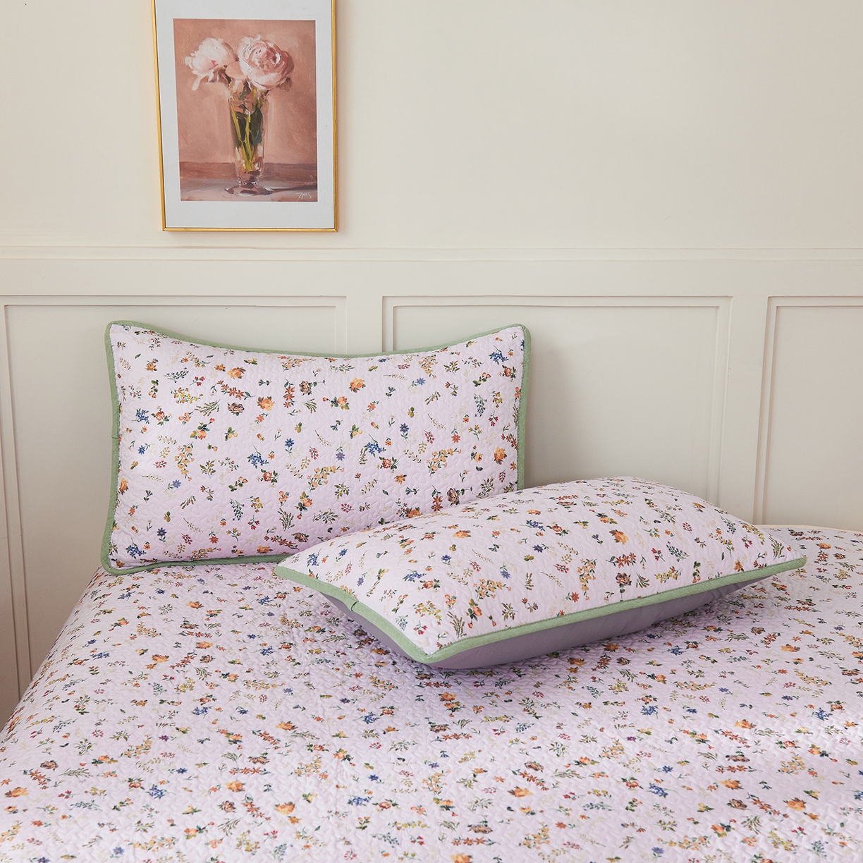 91家纺网 家纺一手货源 找家纺 拾小柒 2025年新款全棉双层纱床盖花边法式中古奶油风防滑床盖三件套 春色满园