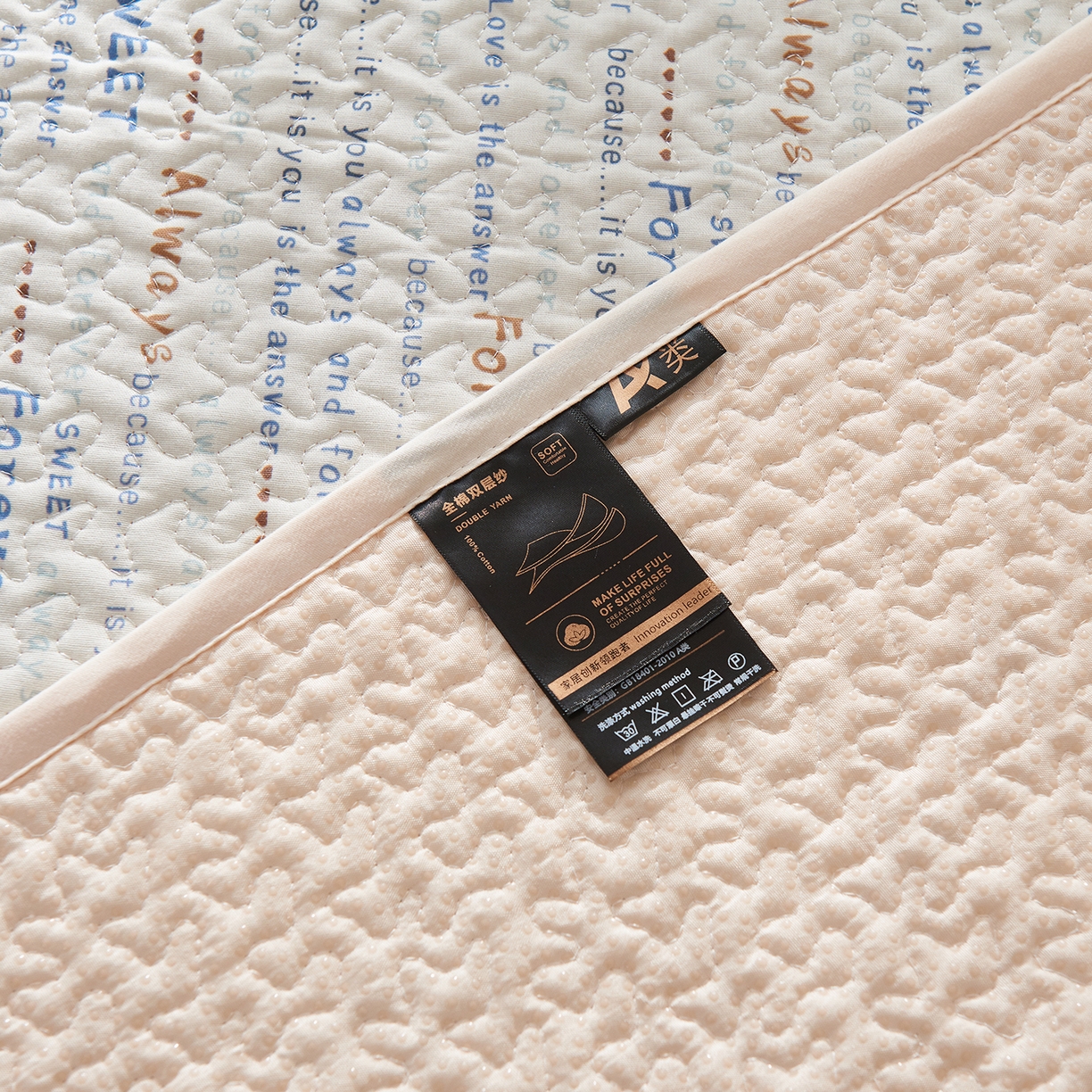 91家纺网 家纺一手货源 找家纺 拾小柒 2025年新款全棉双层纱床盖花边法式中古奶油风防滑床盖三件套 英文象蓝