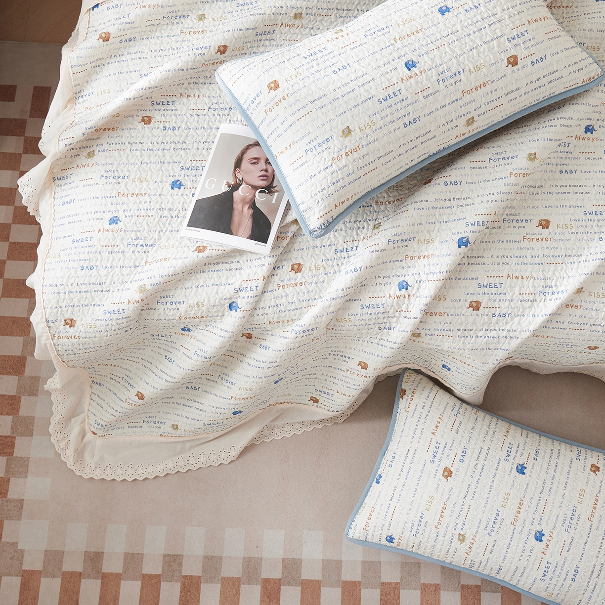 拾小柒 2025年新款全棉双层纱床盖花边法式中古奶油风防滑床盖三件套 英文象蓝