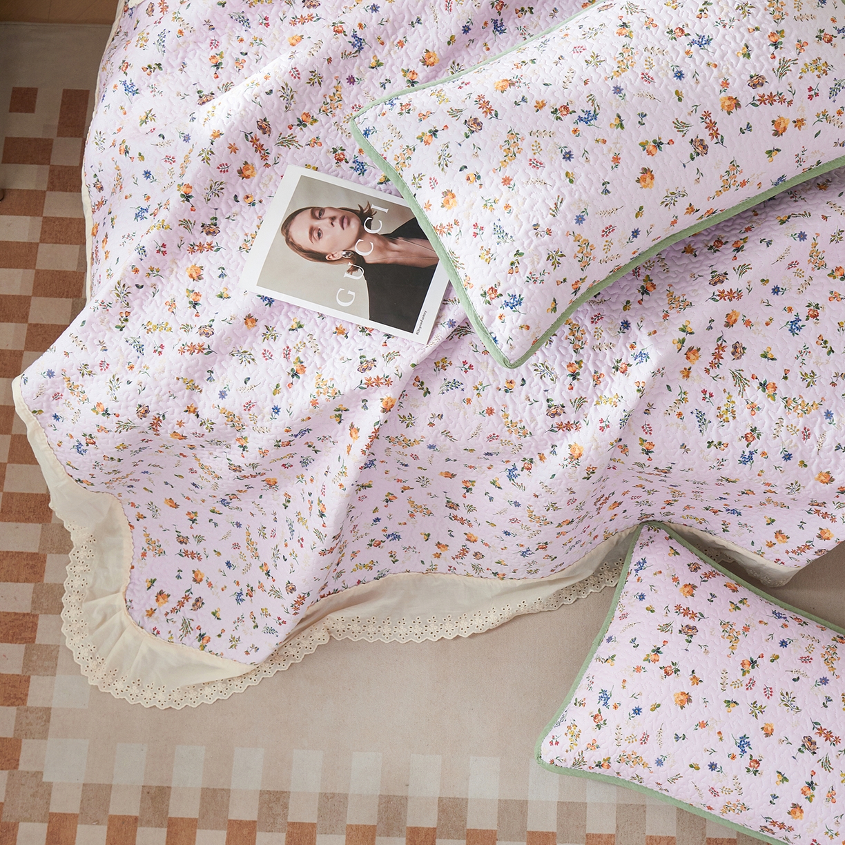 拾小柒 2025年新款全棉双层纱床盖花边法式中古奶油风防滑床盖三件套 春色满园