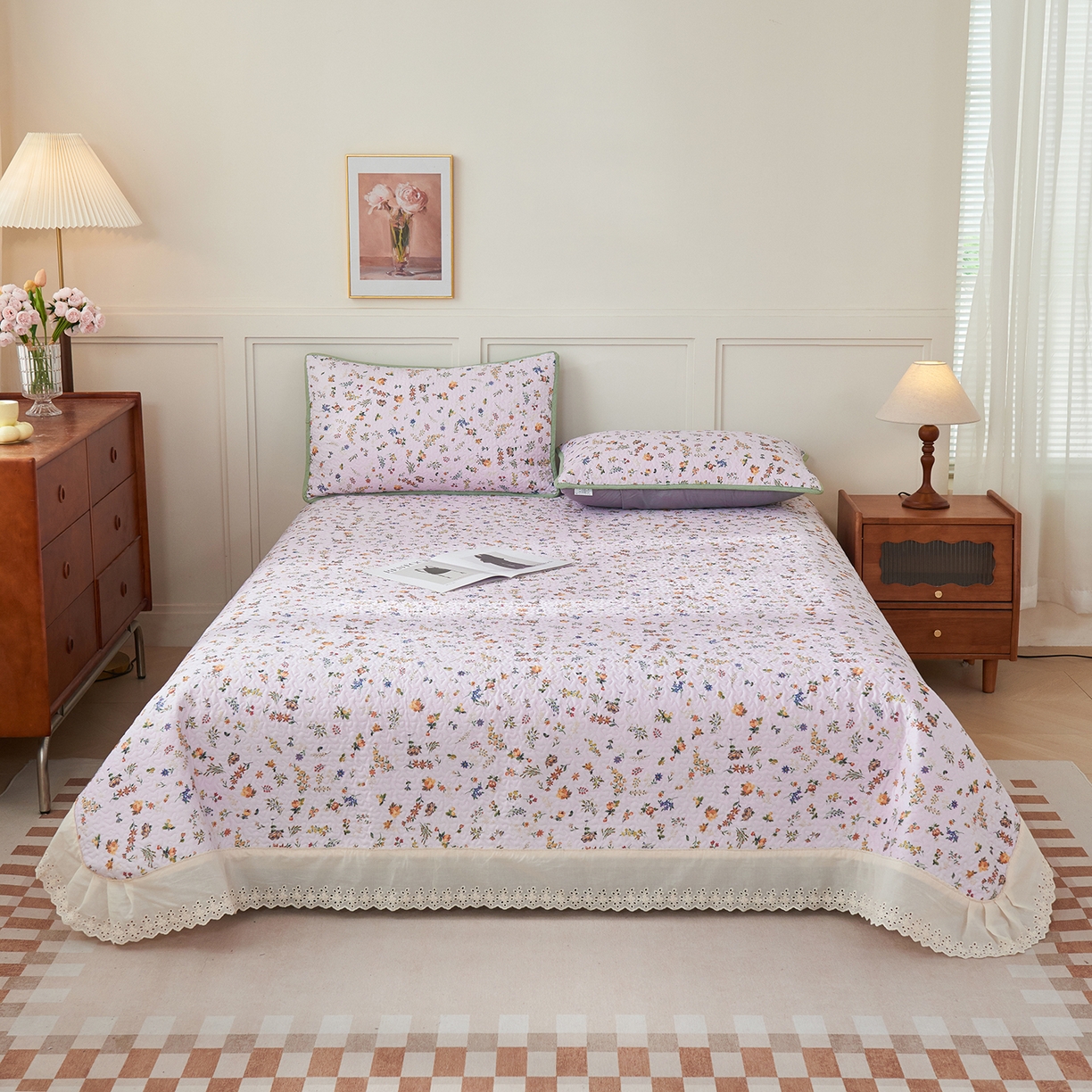 91家纺网 家纺一手货源 找家纺 拾小柒 2025年新款全棉双层纱床盖花边法式中古奶油风防滑床盖三件套 春色满园