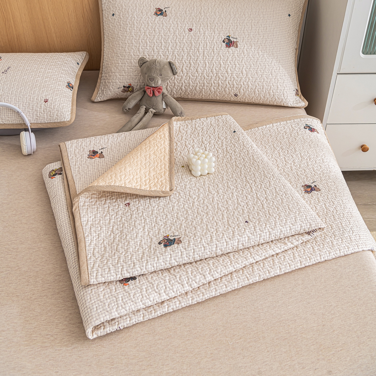 拾小柒 2025年新款全棉双层纱床护垫纯棉防滑床盖床褥子软床垫 格子狗米