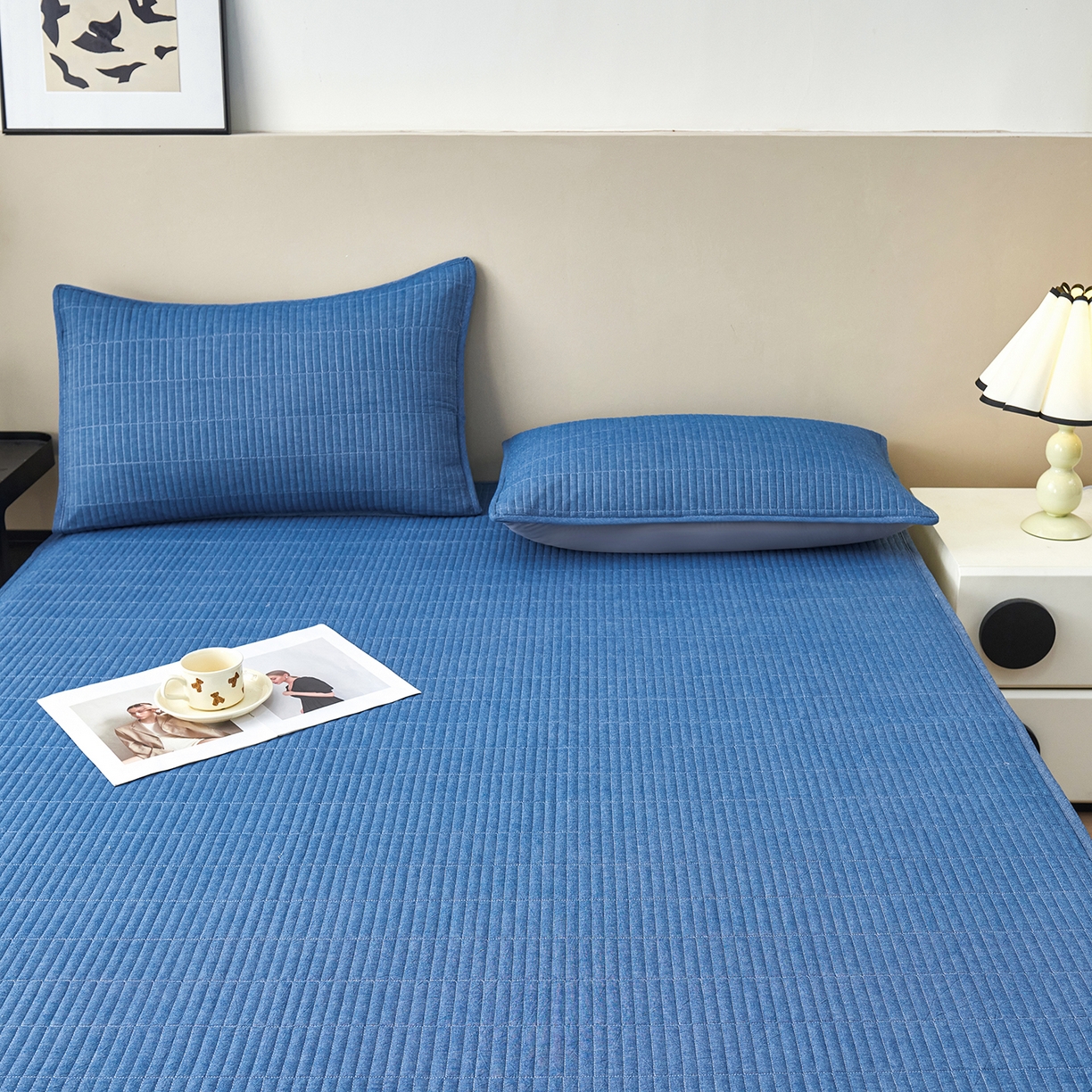 91家纺网 家纺一手货源 找家纺 拾小柒 2025新款A类全棉水洗棉床盖防水隔尿床护垫防滑隔脏姨妈垫 牛仔蓝