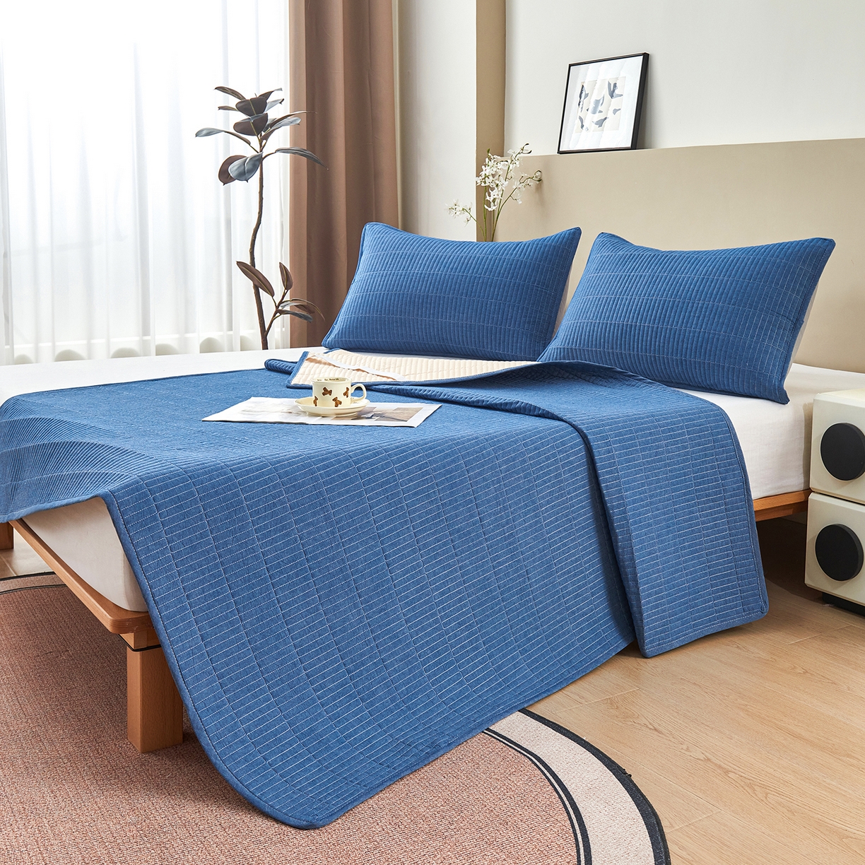 91家纺网 家纺一手货源 找家纺 拾小柒 2025新款A类全棉水洗棉床盖防水隔尿床护垫防滑隔脏姨妈垫 牛仔蓝