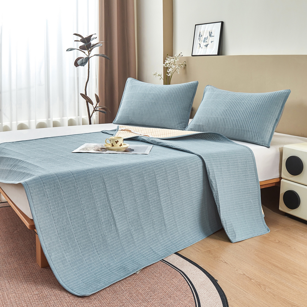 91家纺网 家纺一手货源 找家纺 拾小柒 2025新款A类全棉水洗棉床盖防水隔尿床护垫防滑隔脏姨妈垫 浅蓝色