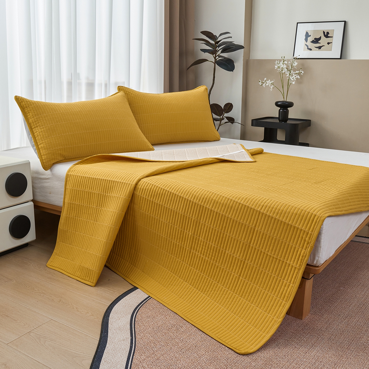 91家纺网 家纺一手货源 找家纺 拾小柒 2025新款A类全棉水洗棉床盖防水隔尿床护垫防滑隔脏姨妈垫 姜黄色