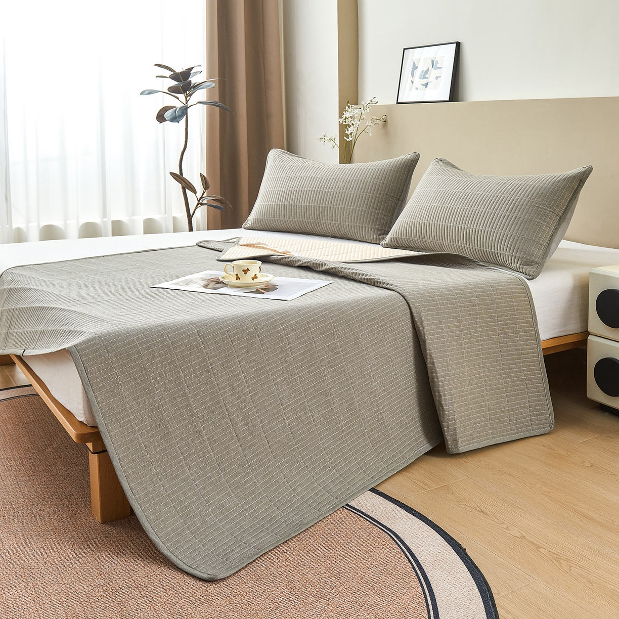 91家纺网 家纺一手货源 找家纺 拾小柒 2025新款A类全棉水洗棉床盖防水隔尿床护垫防滑隔脏姨妈垫 青灰色