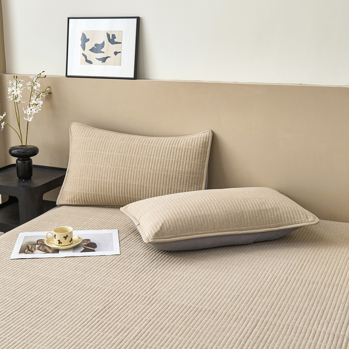 91家纺网 家纺一手货源 找家纺 拾小柒 2025新款A类全棉水洗棉床盖防水隔尿床护垫防滑隔脏姨妈垫 卡其色