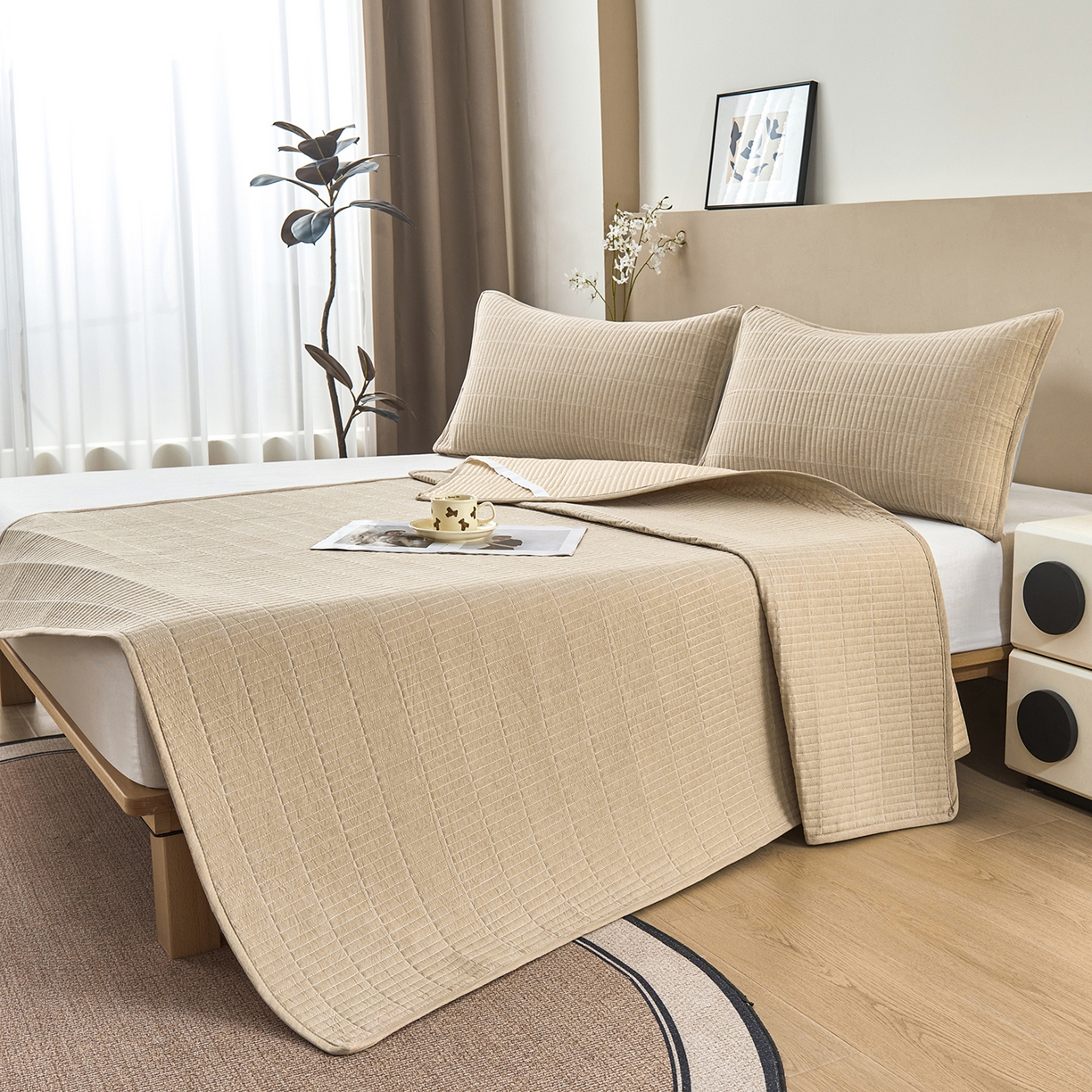 91家纺网 家纺一手货源 找家纺 拾小柒 2025新款A类全棉水洗棉床盖防水隔尿床护垫防滑隔脏姨妈垫 卡其色