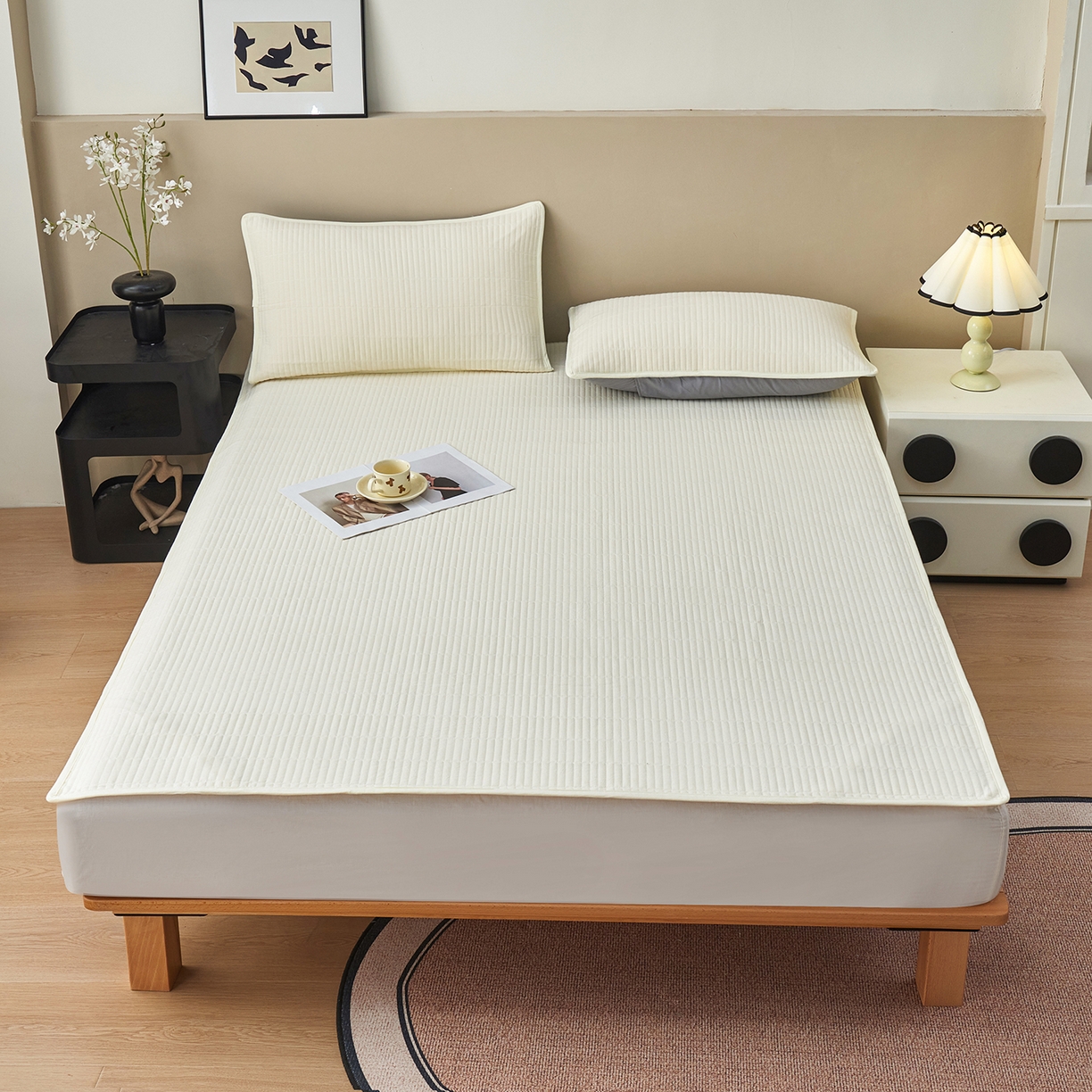 91家纺网 家纺一手货源 找家纺 拾小柒 2025新款A类全棉水洗棉床盖防水隔尿床护垫防滑隔脏姨妈垫 鹅黄色