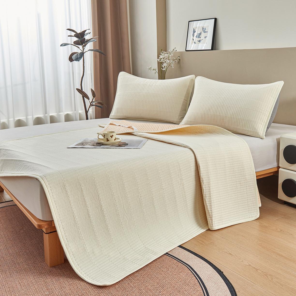 91家纺网 家纺一手货源 找家纺 拾小柒 2025新款A类全棉水洗棉床盖防水隔尿床护垫防滑隔脏姨妈垫 鹅黄色