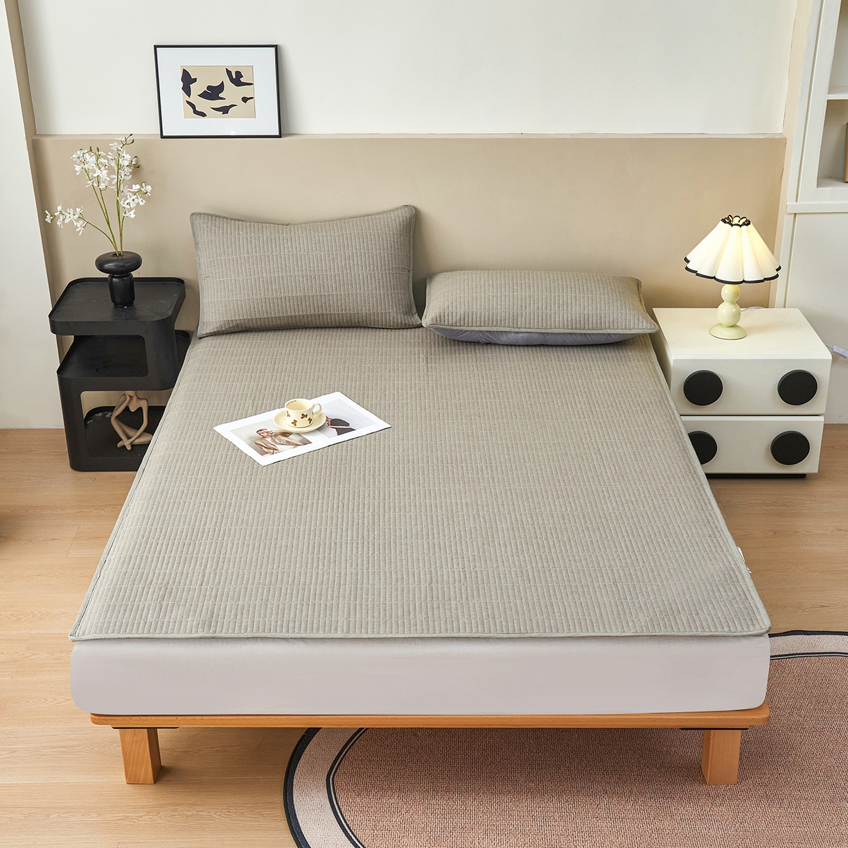 91家纺网 家纺一手货源 找家纺 拾小柒 2025新款A类全棉水洗棉床盖防水隔尿床护垫防滑隔脏姨妈垫 青灰色