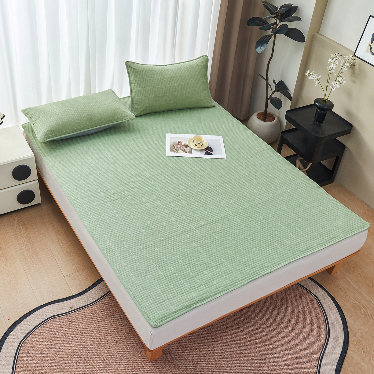 91家纺网 家纺一手货源 找家纺 拾小柒 2025新款A类全棉水洗棉床盖防水隔尿床护垫防滑隔脏姨妈垫 浅绿色