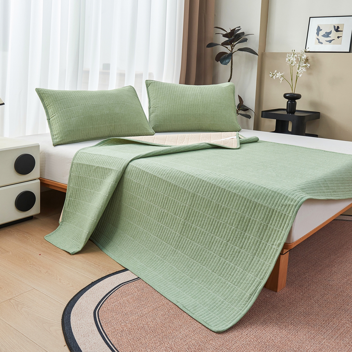 91家纺网 家纺一手货源 找家纺 拾小柒 2025新款A类全棉水洗棉床盖防水隔尿床护垫防滑隔脏姨妈垫 浅绿色