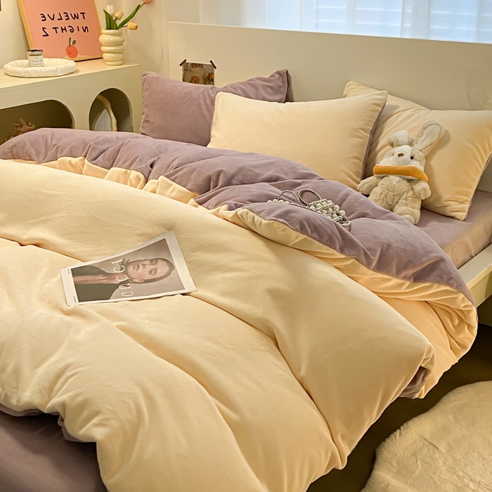 顺兴家居 2025新款简约纯色双拼牛奶绒四件套（风格二） 奶昔黄+罗兰紫