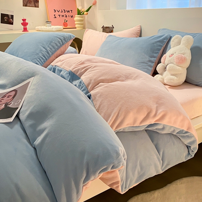 顺兴家居 2025新款简约纯色双拼牛奶绒四件套（风格二） 婴儿蓝+粉玉