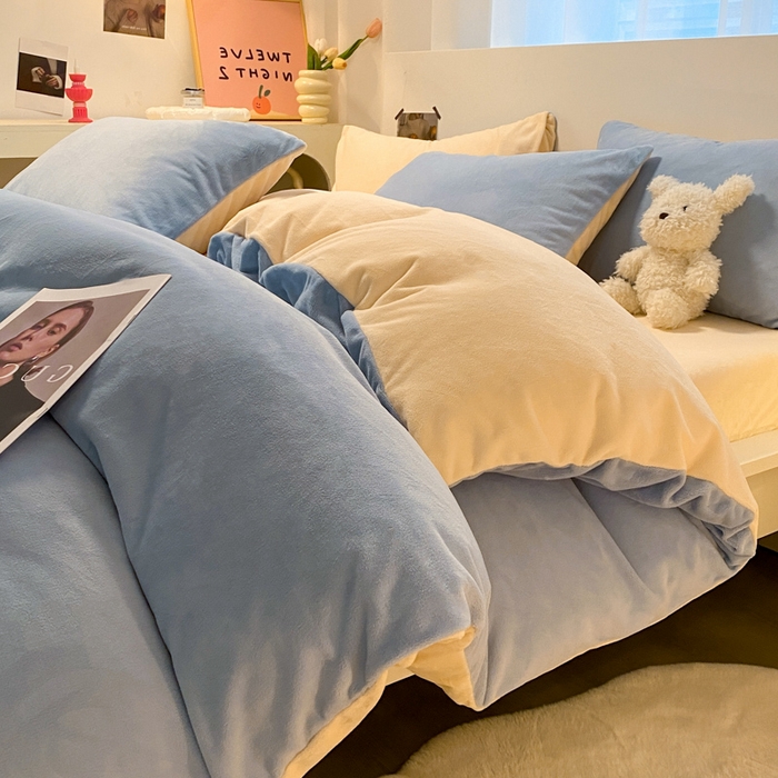 顺兴家居 2025新款简约纯色双拼牛奶绒四件套（风格二） 婴儿蓝+奶昔黄