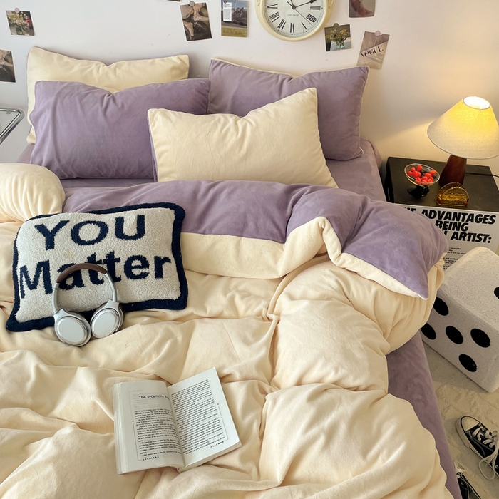 顺兴家居 2025新款简约纯色双拼牛奶绒四件套（风格一） 奶昔黄+罗兰紫
