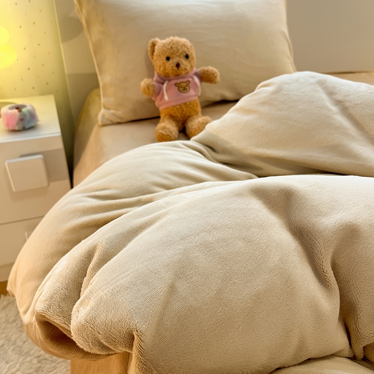 91家纺网 家纺一手货源 找家纺 顺兴家居 2025新款简约纯色双拼牛奶绒四件套（风格二） 米杏+奶咖