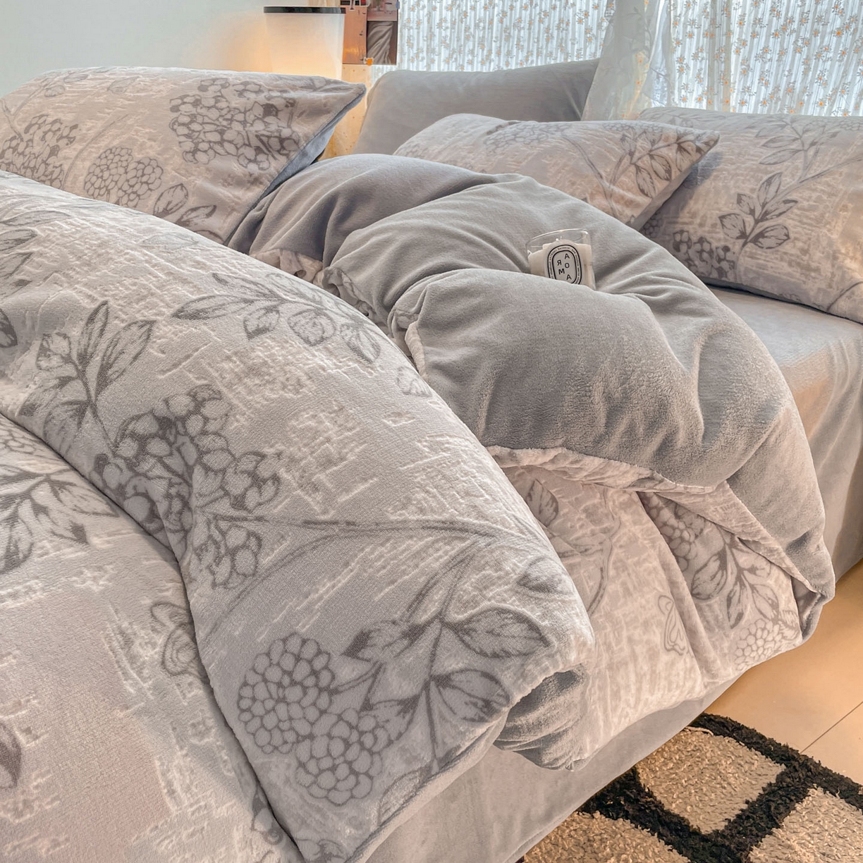 顺兴家居 2025新款高克重230克雕花牛奶绒四件套 风雅颂-灰