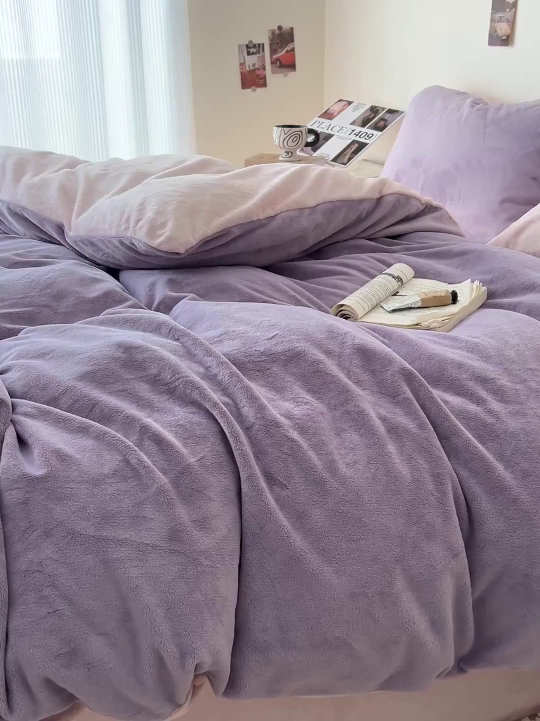 91家纺网 家纺一手货源 找家纺 顺兴家居 2025新款简约纯色双拼牛奶绒四件套（风格一） 罗兰紫+粉玉