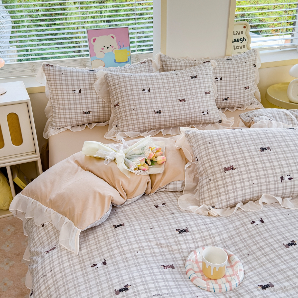 91家纺网 家纺一手货源 找家纺 橘子家 2025新款云纱四件套 腊肠狗