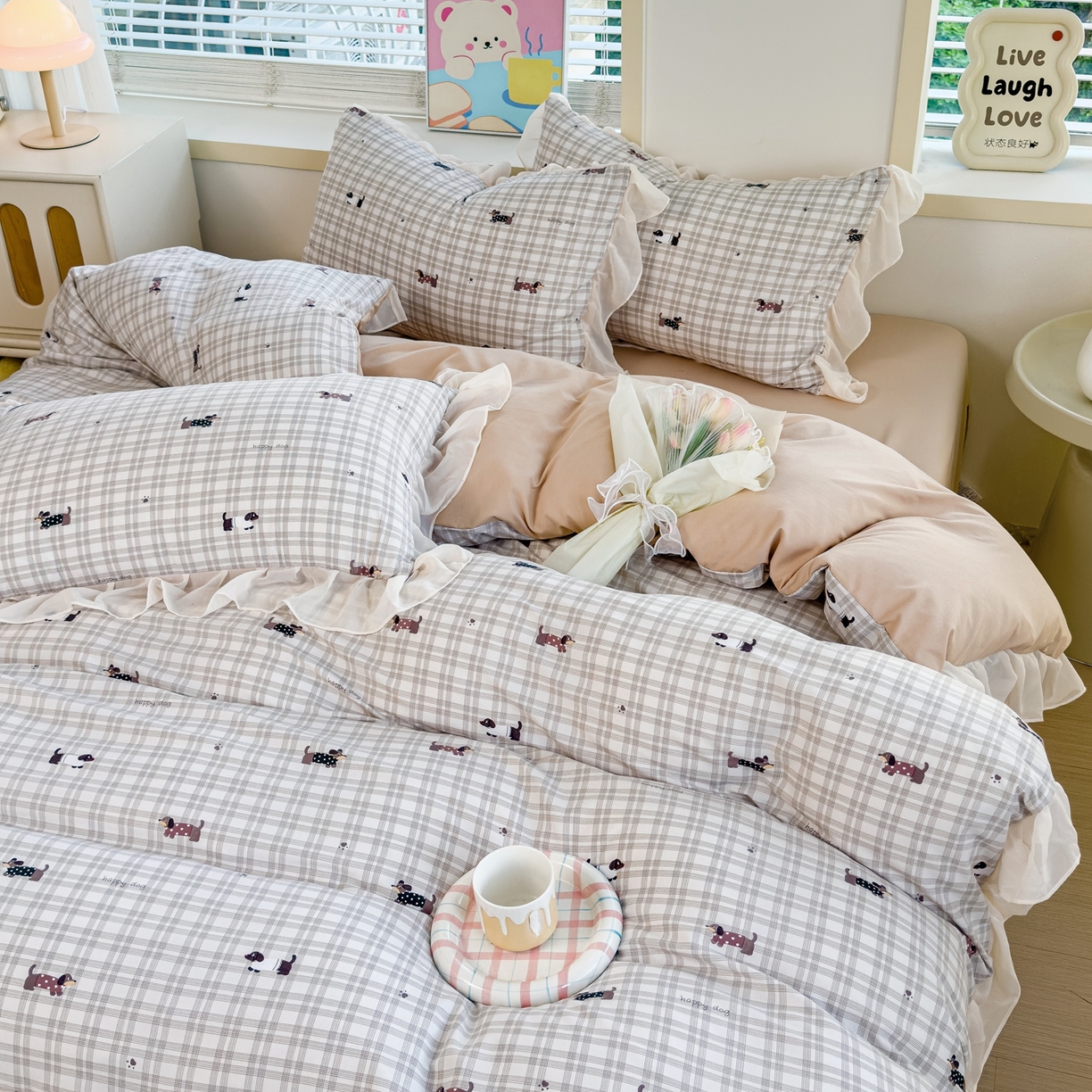 91家纺网 家纺一手货源 找家纺 橘子家 2025新款云纱四件套 腊肠狗