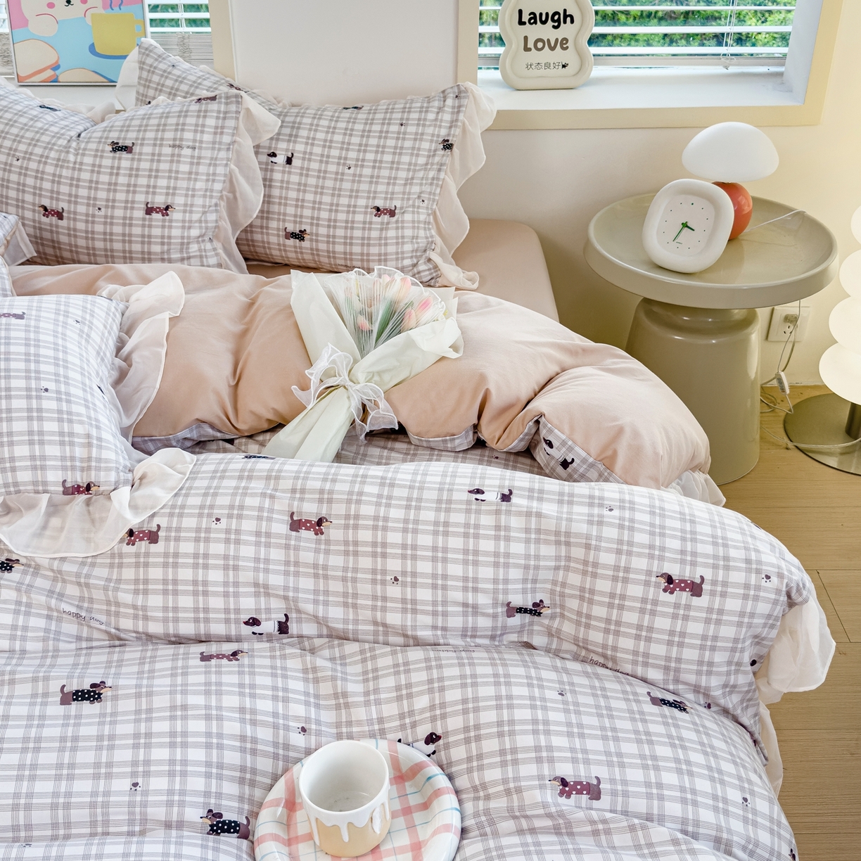 91家纺网 家纺一手货源 找家纺 橘子家 2025新款云纱四件套 腊肠狗