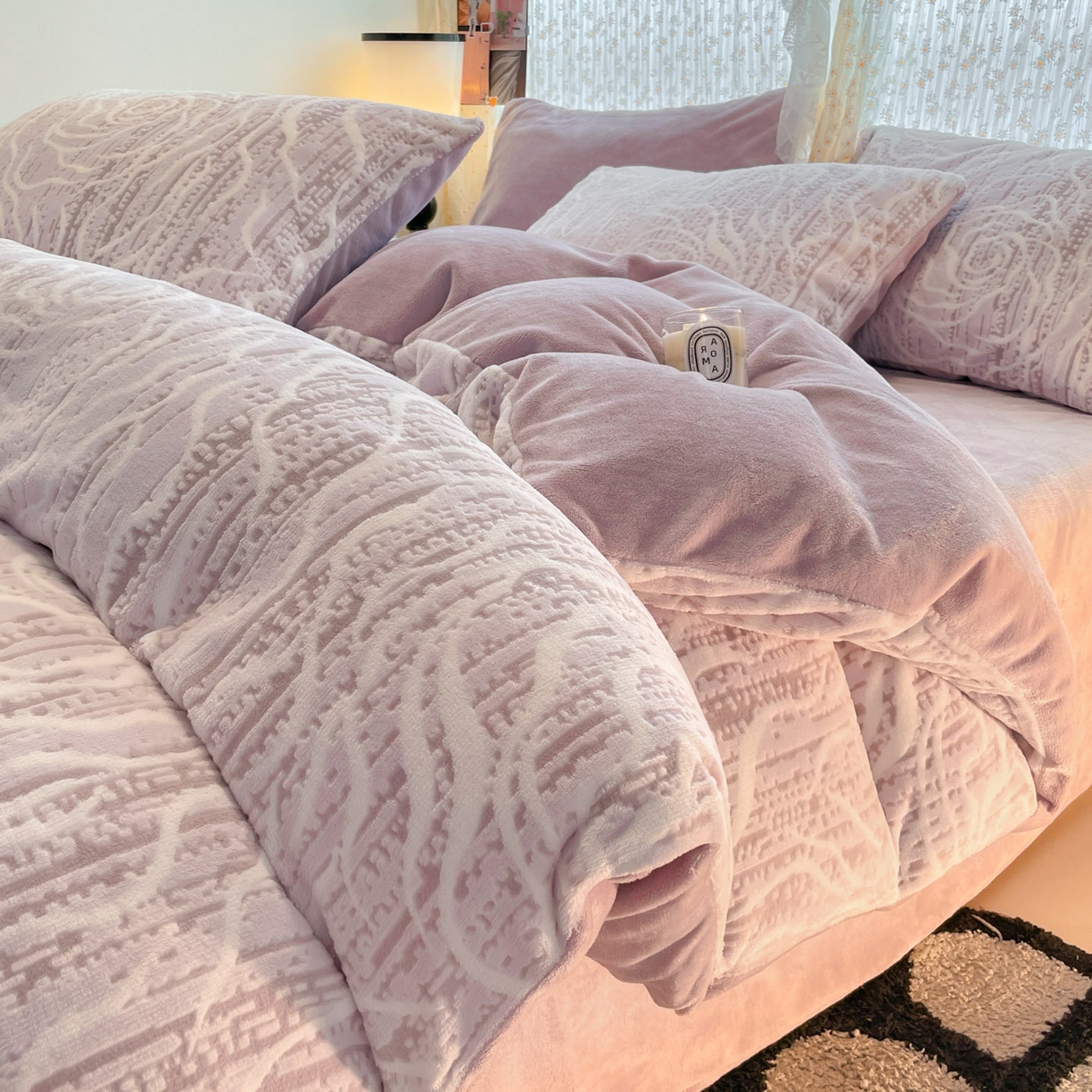 顺兴家居 2025新款高克重230克雕花牛奶绒四件套 芍药-紫