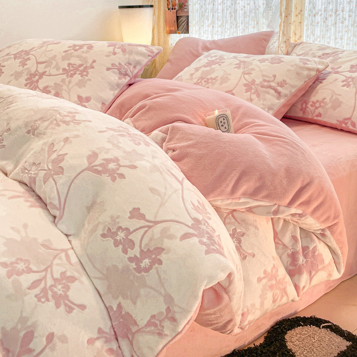 顺兴家居 2025新款高克重230克雕花牛奶绒四件套 晕染花曳-粉