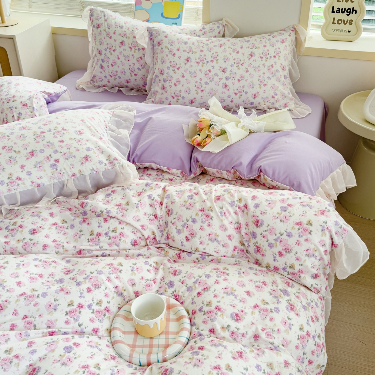 91家纺网 家纺一手货源 找家纺 橘子家 2025新款云纱四件套 十里桃花