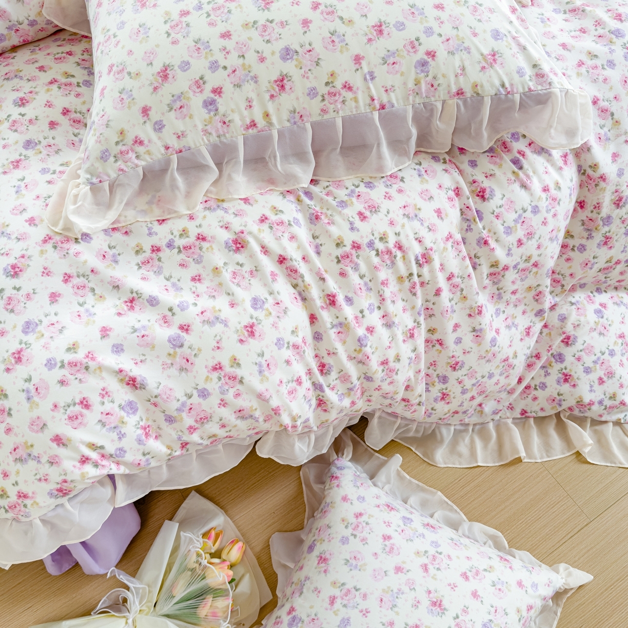 91家纺网 家纺一手货源 找家纺 橘子家 2025新款云纱四件套 十里桃花