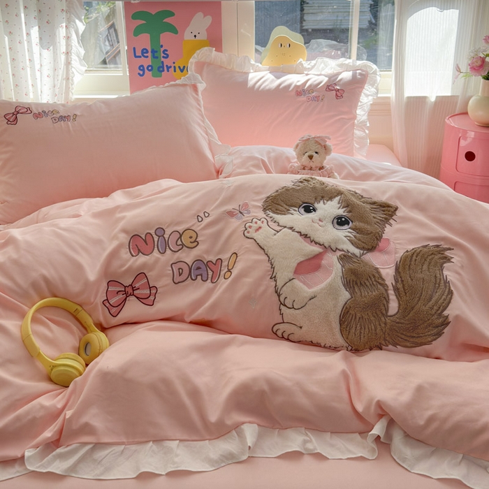 易禾家纺 2025新款韩版卡通兔毛贴布绣水洗棉四件套学生宿舍三件套-炸毛小猫 炸毛小猫——粉