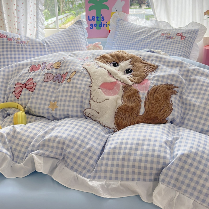 易禾家纺 2025新款韩版卡通兔毛贴布绣水洗棉四件套学生宿舍三件套-炸毛小猫 炸毛小猫——蓝格