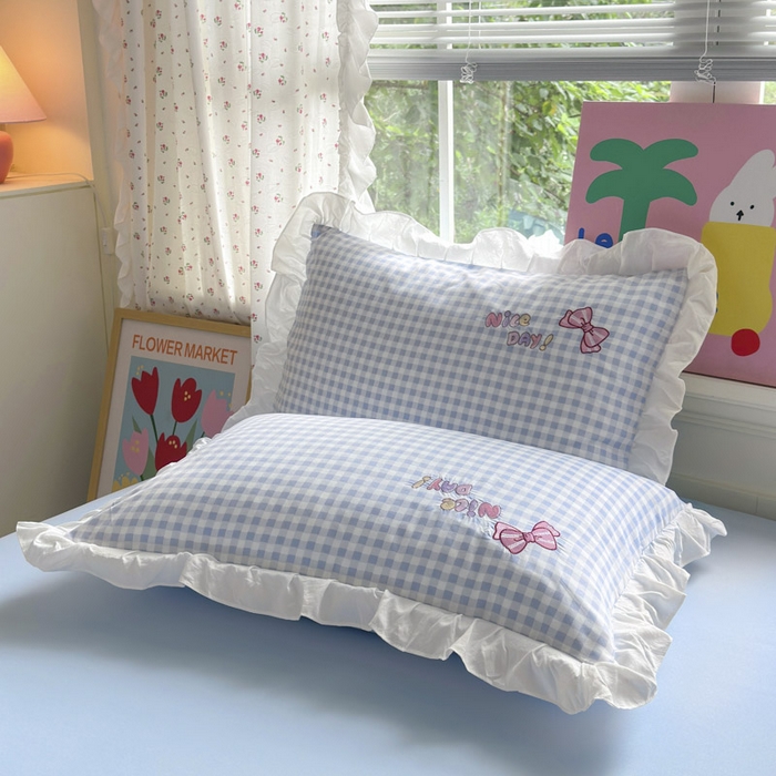 91家纺网 家纺一手货源 找家纺 易禾家纺 2025新款韩版卡通兔毛贴布绣水洗棉四件套学生宿舍三件套-炸毛小猫 炸毛小猫——蓝格