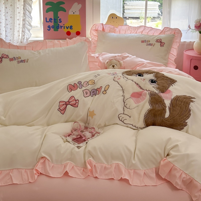 易禾家纺 2025新款韩版卡通兔毛贴布绣水洗棉四件套学生宿舍三件套-炸毛小猫 炸毛小猫——奶白粉