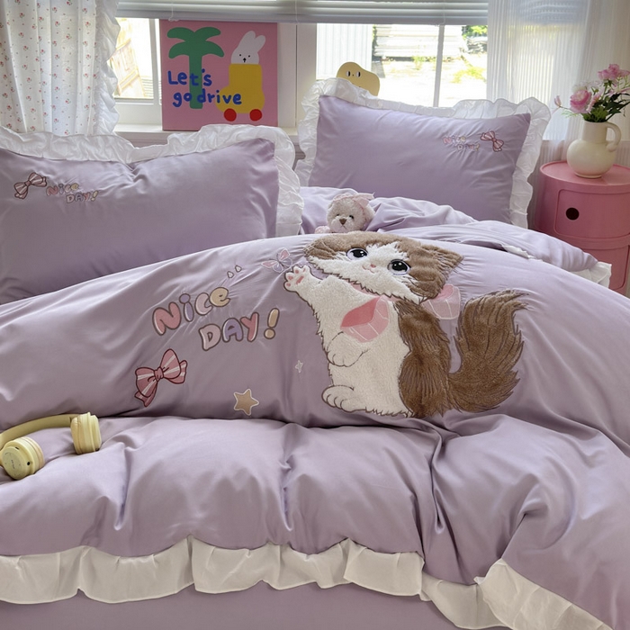 易禾家纺 2025新款韩版卡通兔毛贴布绣水洗棉四件套学生宿舍三件套-炸毛小猫 炸毛小猫——雾紫