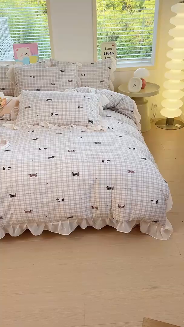 91家纺网 家纺一手货源 找家纺 橘子家 2025新款云纱四件套 腊肠狗